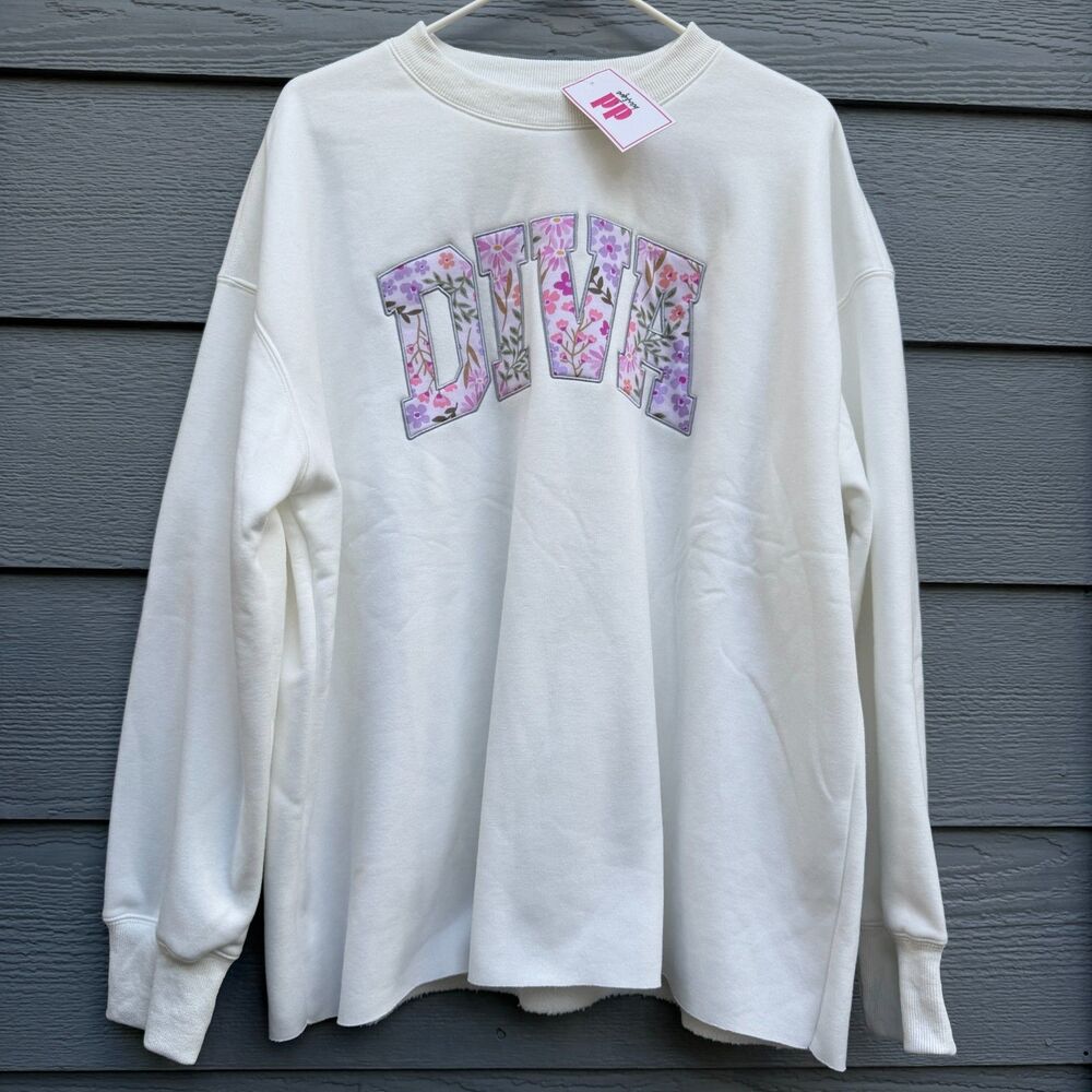 Discount Divas Large Sweatshirt Women White Cotton Blend Fleece Cozy Pullover
